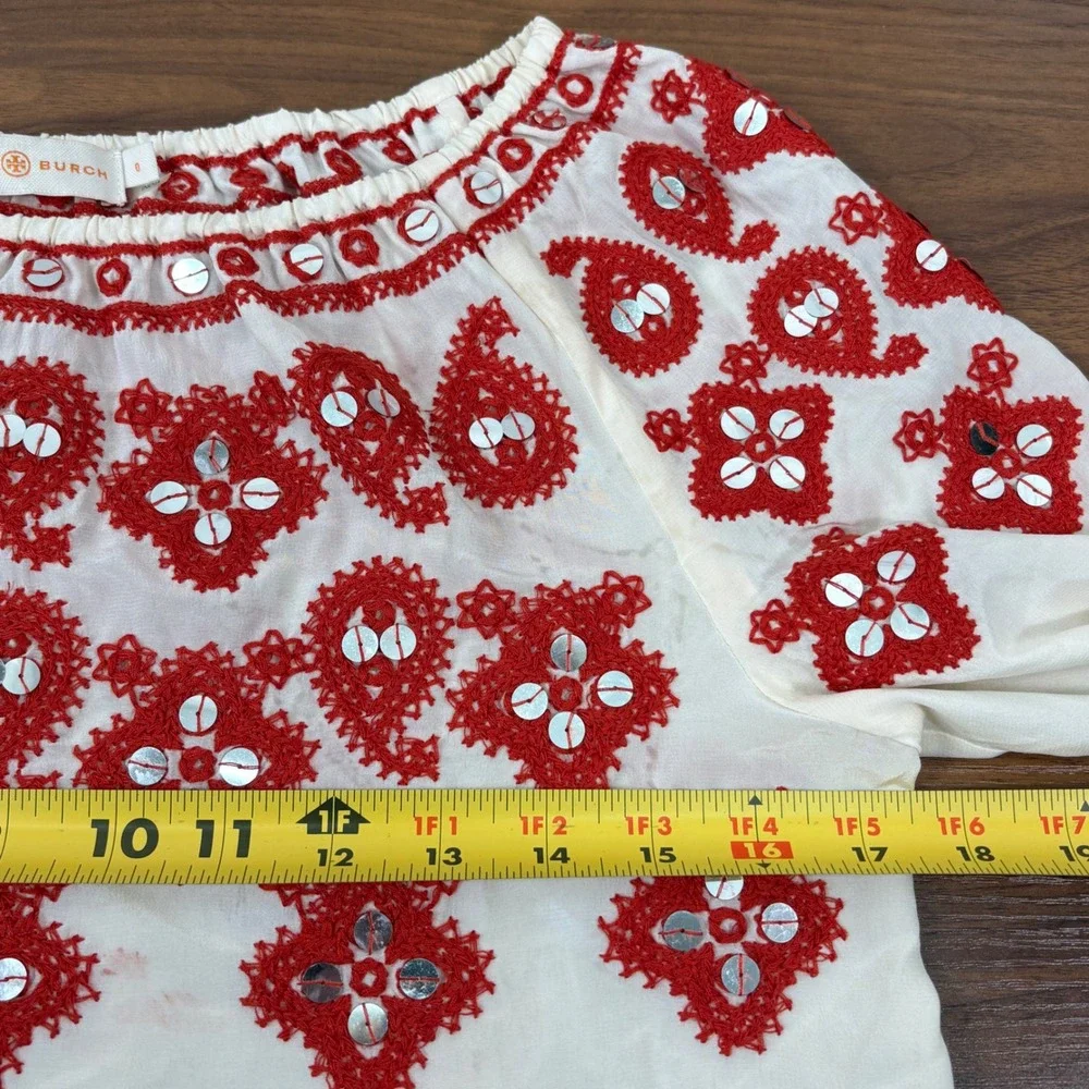 Tory Burch Leyla Blouse 0 Ivory Red Silk Embroidered Mirror Peasant Boho ***READ